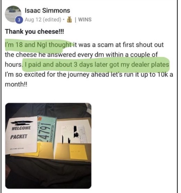 Isaac's post showing his welcome packet and dealer plate
